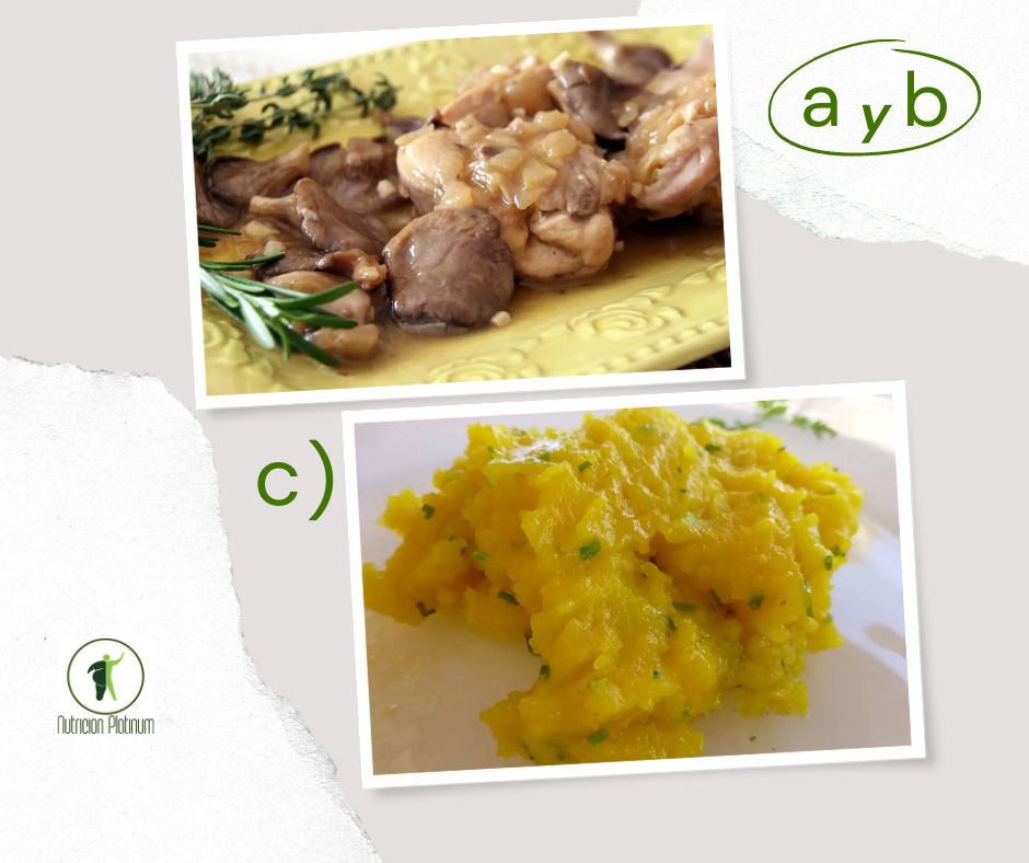 Conejo encebollado con setas con pure de patata con azafrán y cebollino